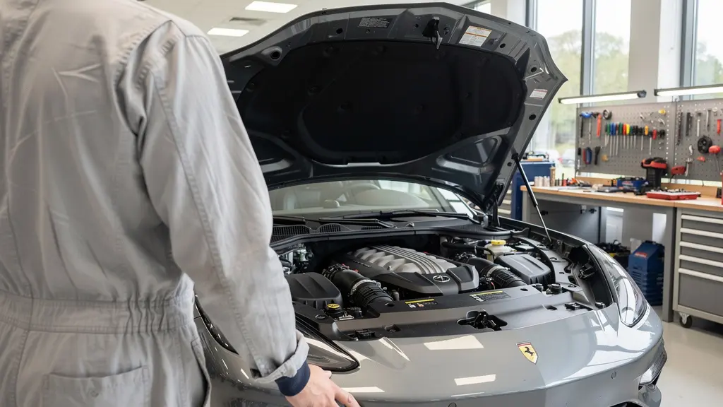 Technicien inspectant un véhicule de prestige dans un atelier spécialisé