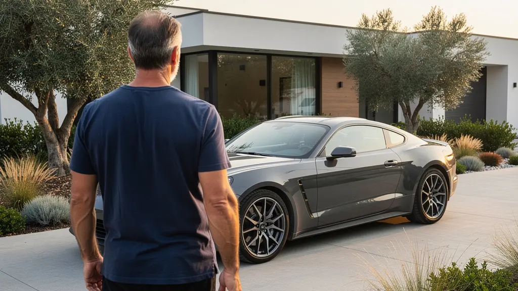 Propriétaire contemplant son véhicule de sport haut de gamme devant sa résidence