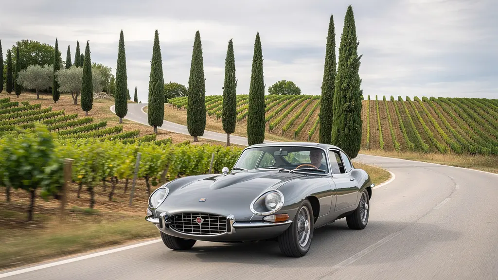 Véhicule de collection en mouvement sur une route de campagne provençale